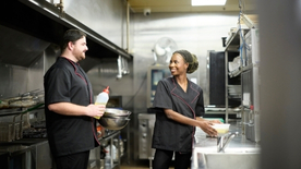 Animated picture of a worker with members of her support team in the background.