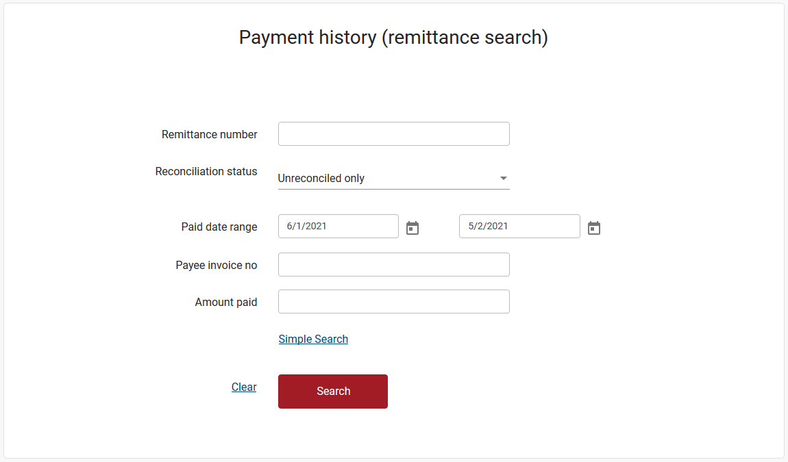 Payment history advanced search screen