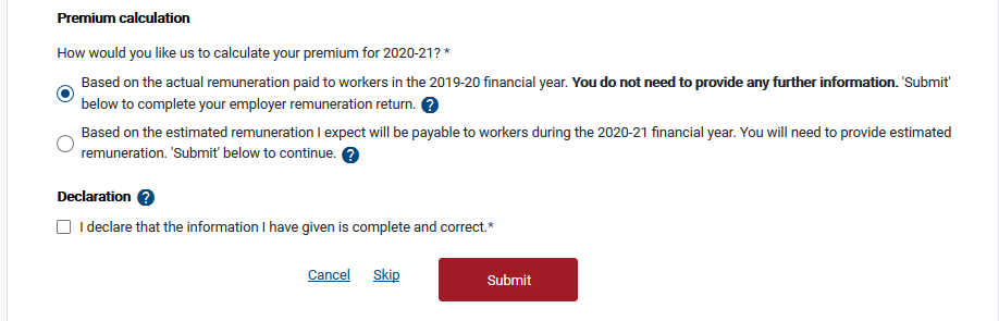 Premium calculation - actual remuneration radio button selected