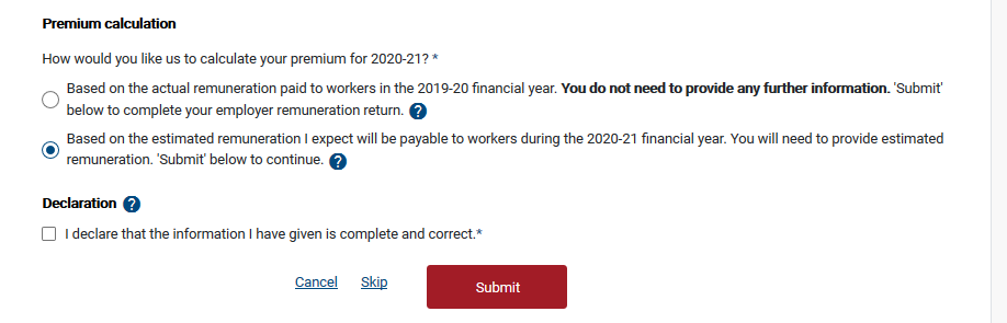 Premium calculation - estimated remuneration Premium calculation - estimated remuneration radio button selected