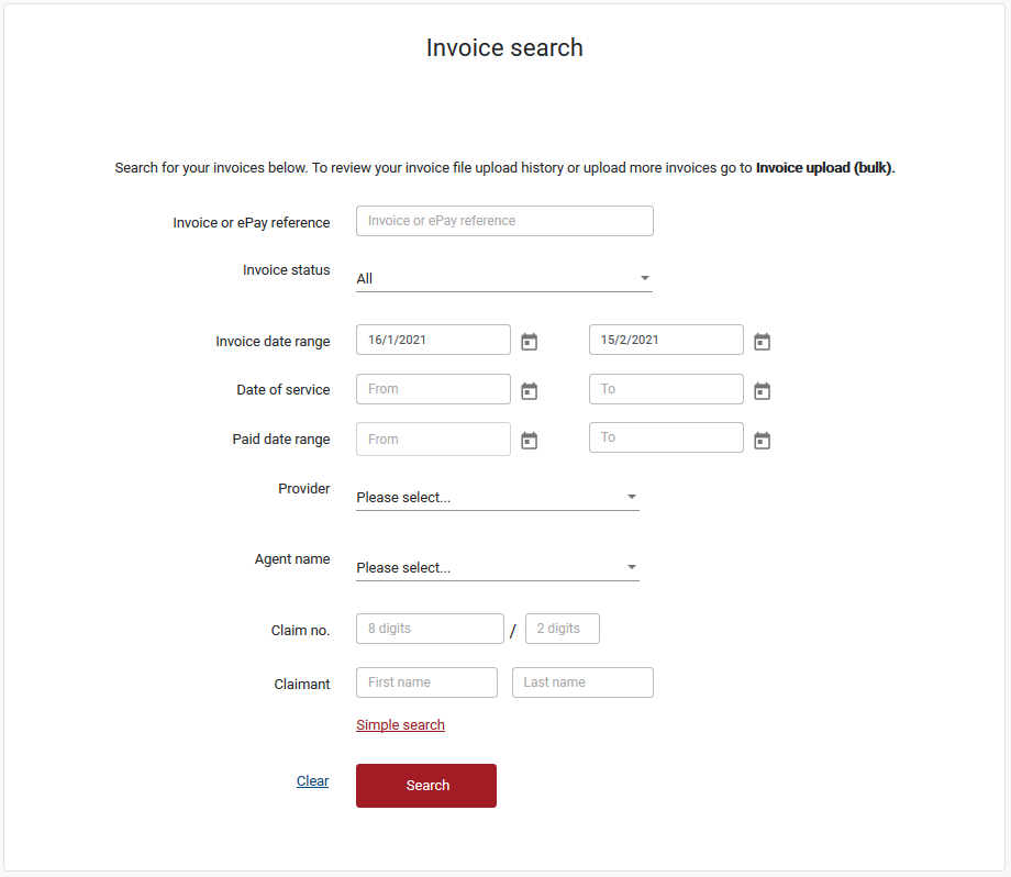 Invoice search advanced screen Invoice search advanced screen