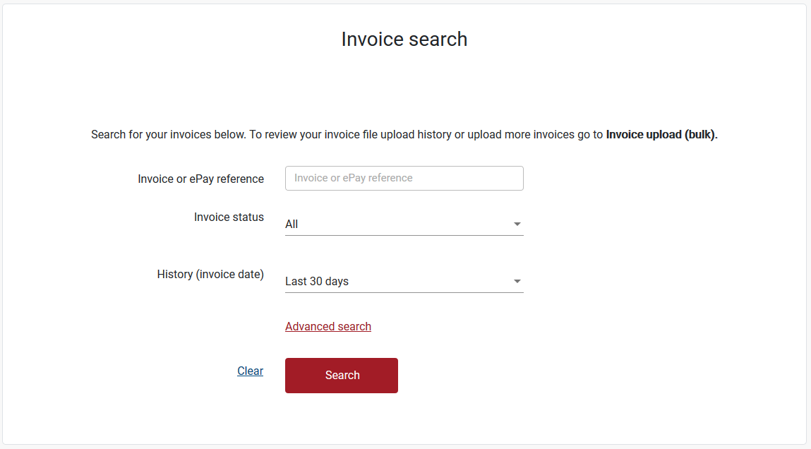 Invoice search screen Invoice search screen
