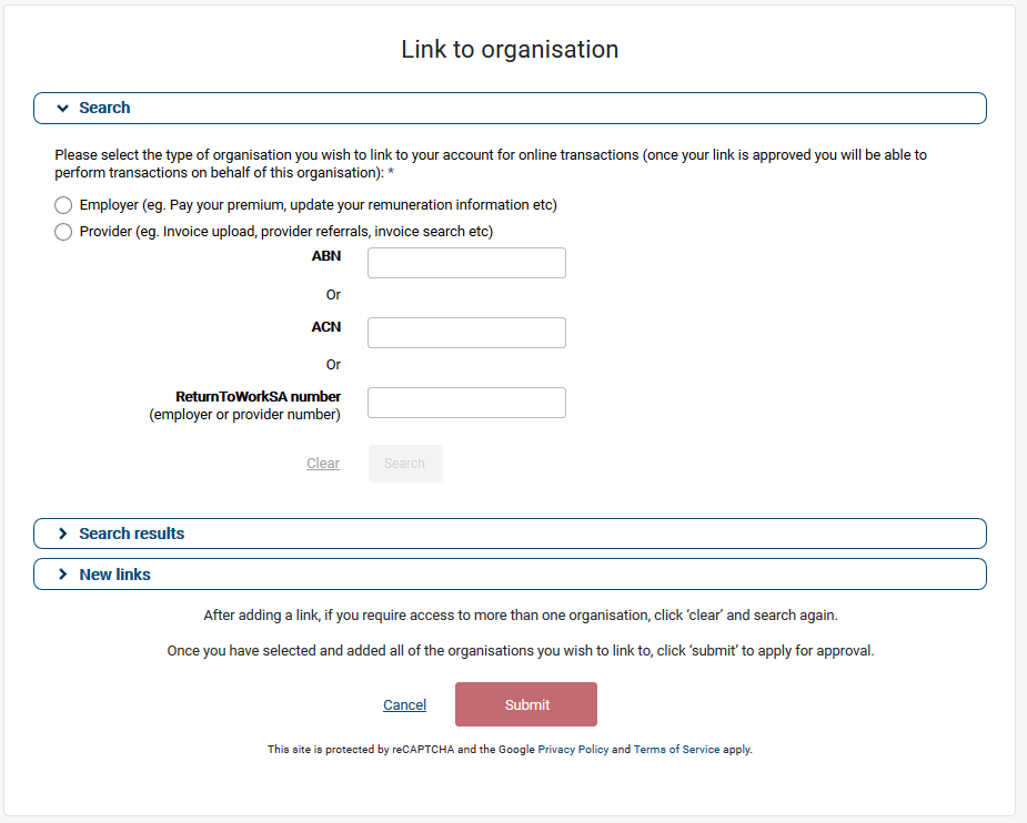 Link organisation screen